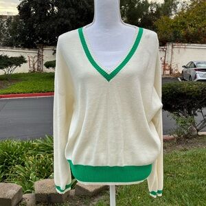 Cyrus Cream V-Neck Sweater with Green Trim XL